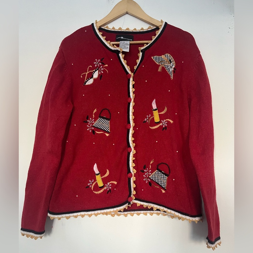 VTG Sag Harbor Red Embroidered & Beaded Knit Cardigan - Lipstick, Purse, Hat